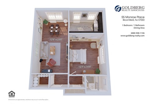 Floor plan for 1 bed, 1 bath
